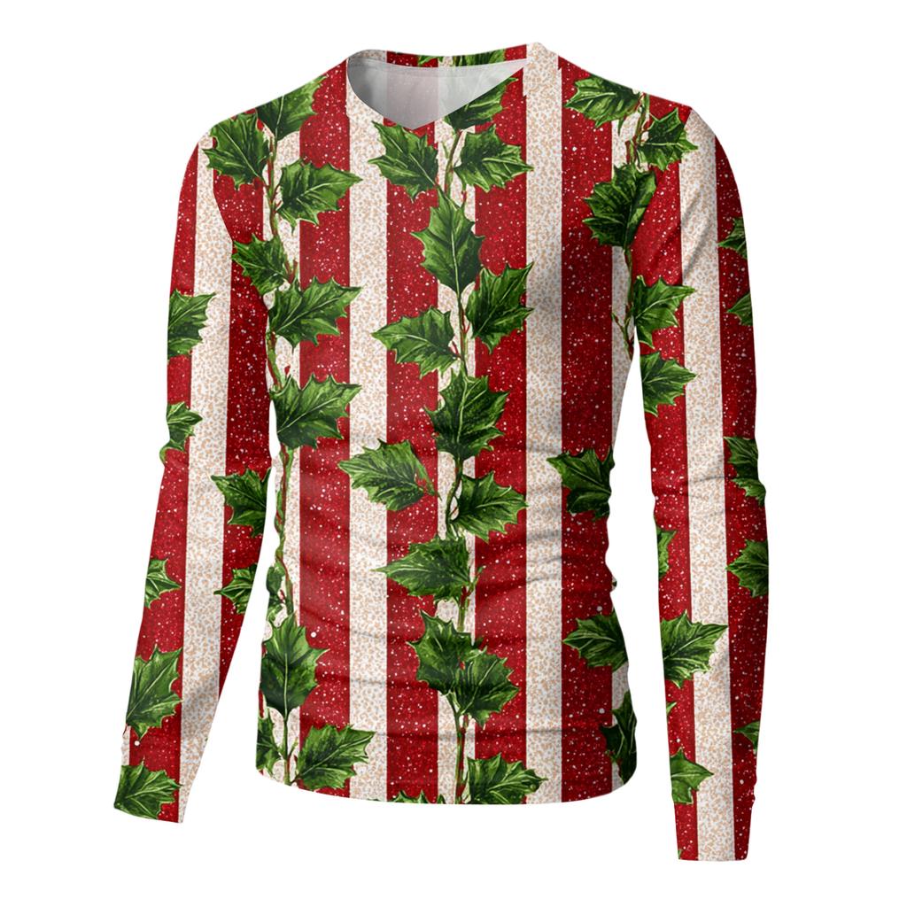 Men's Fashion Printed V-Neck Casual Long-Sleeved T-Shirt Bottoming Shirt Top