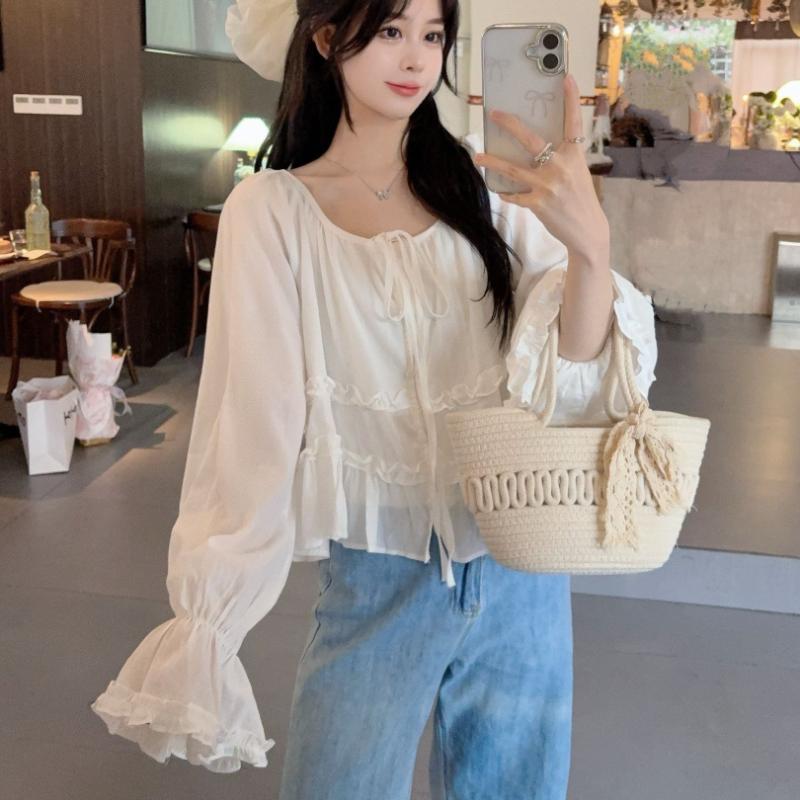 Solid Color Women's Shirt Round Neck Bow Tie Ruffles Edge Lantern Long Sleeved French Style Summer New Version Loose Sweet Women's Top