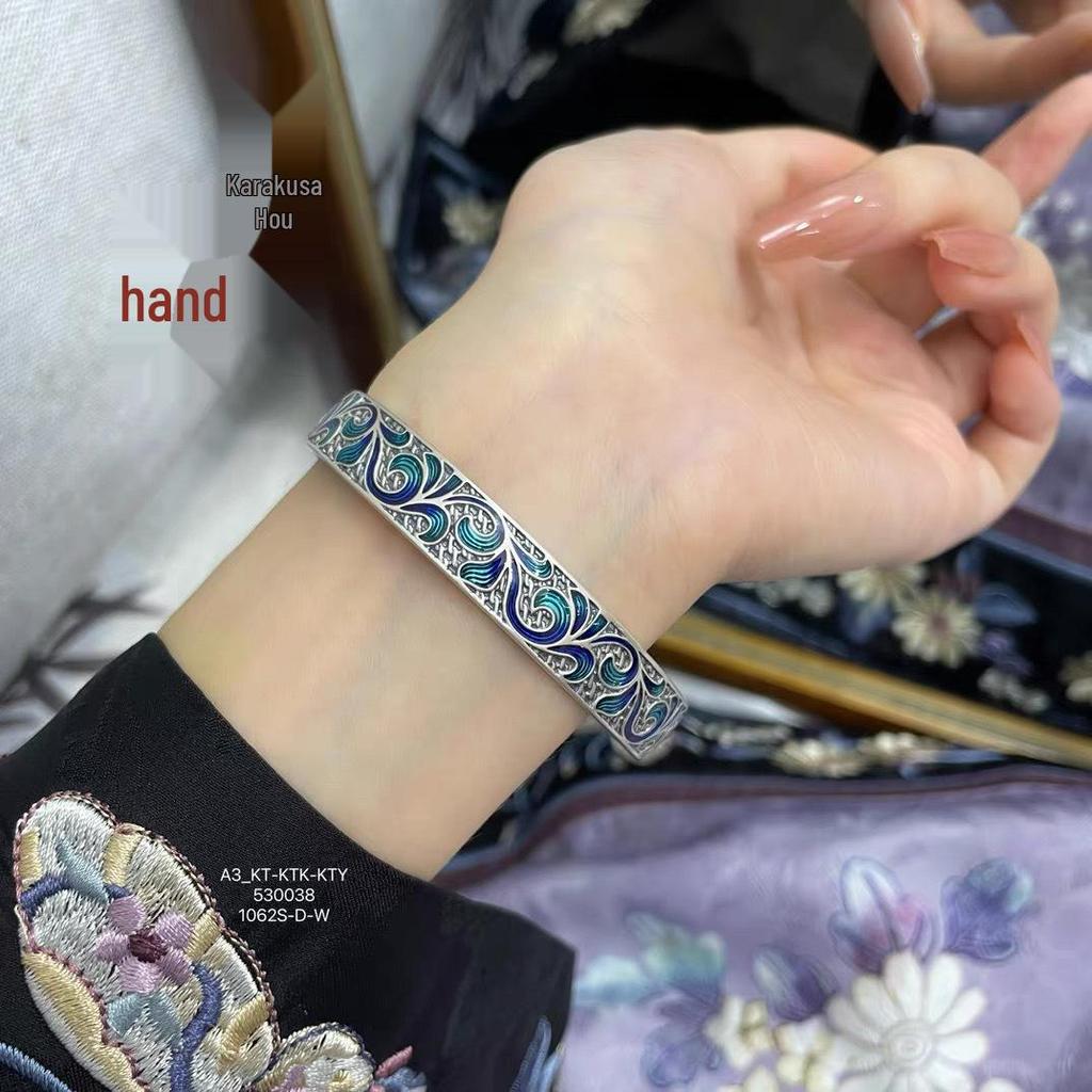 Sterling Silver 9999 Enamel Scroll Heart Sutra Bangle - Ethnic Style Bracelet