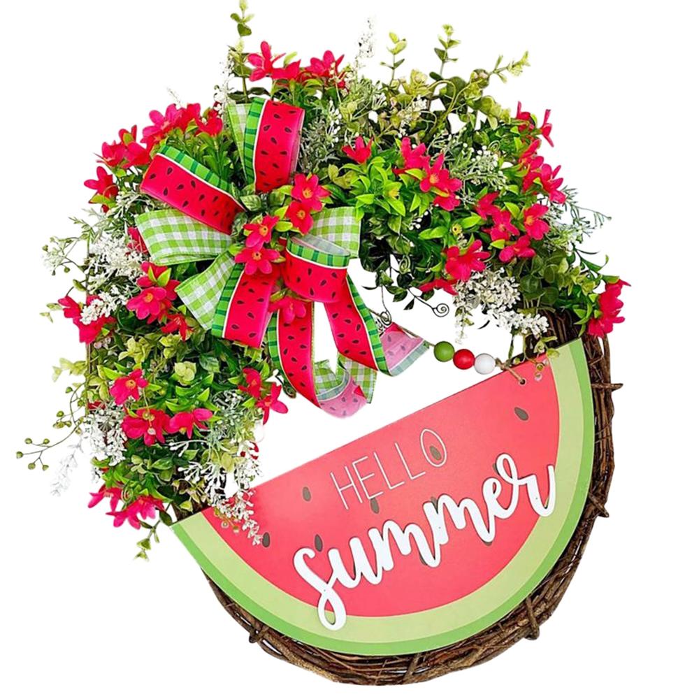 Summer Logo Wreath Watermelon Plaque Porch Decor, Summer Logo with Plastic Leaves Summer Home Farmhouse Porch Garden Patio Decor