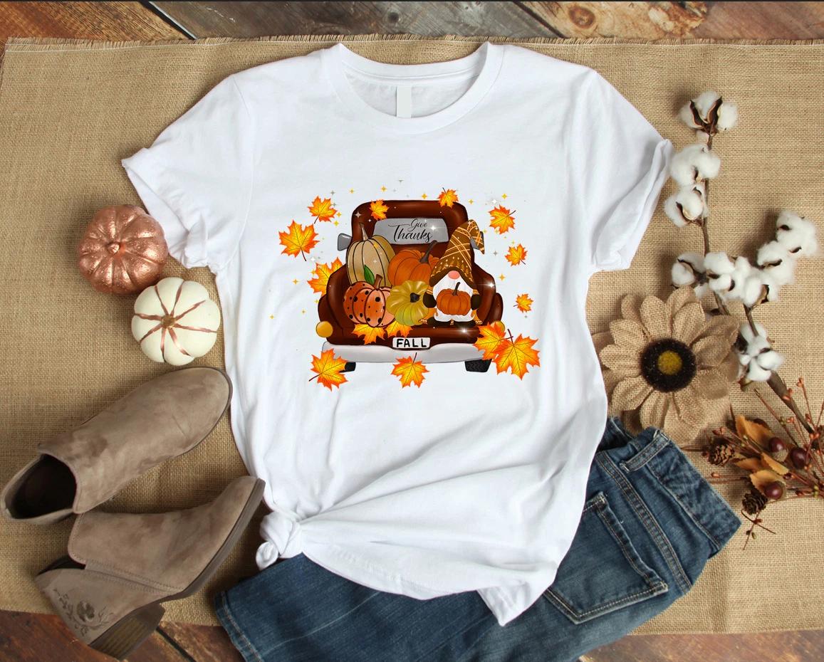 Men s and Women s T-shirts Fall Gnome Truck Thankfull Autumn Leaves Fall Pumpkin Gnome XXL