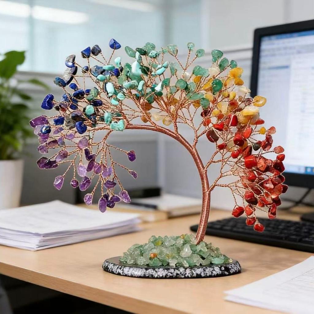 Seven-Color Crystal Phoenix Tail Tree with Agate Base – Creative Home Decor Ornament