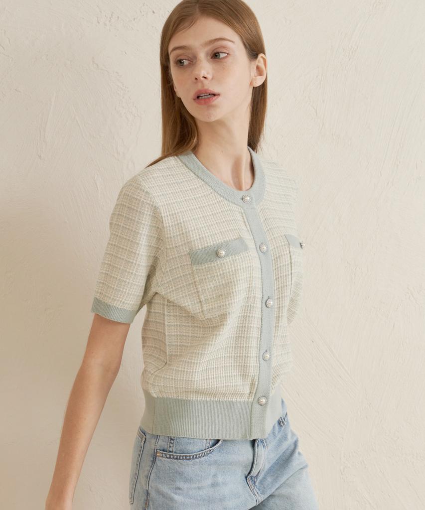 210EDIT Campore Tweed Short Sleeve Knit Cardigan_Ze2Sw664_Lmt