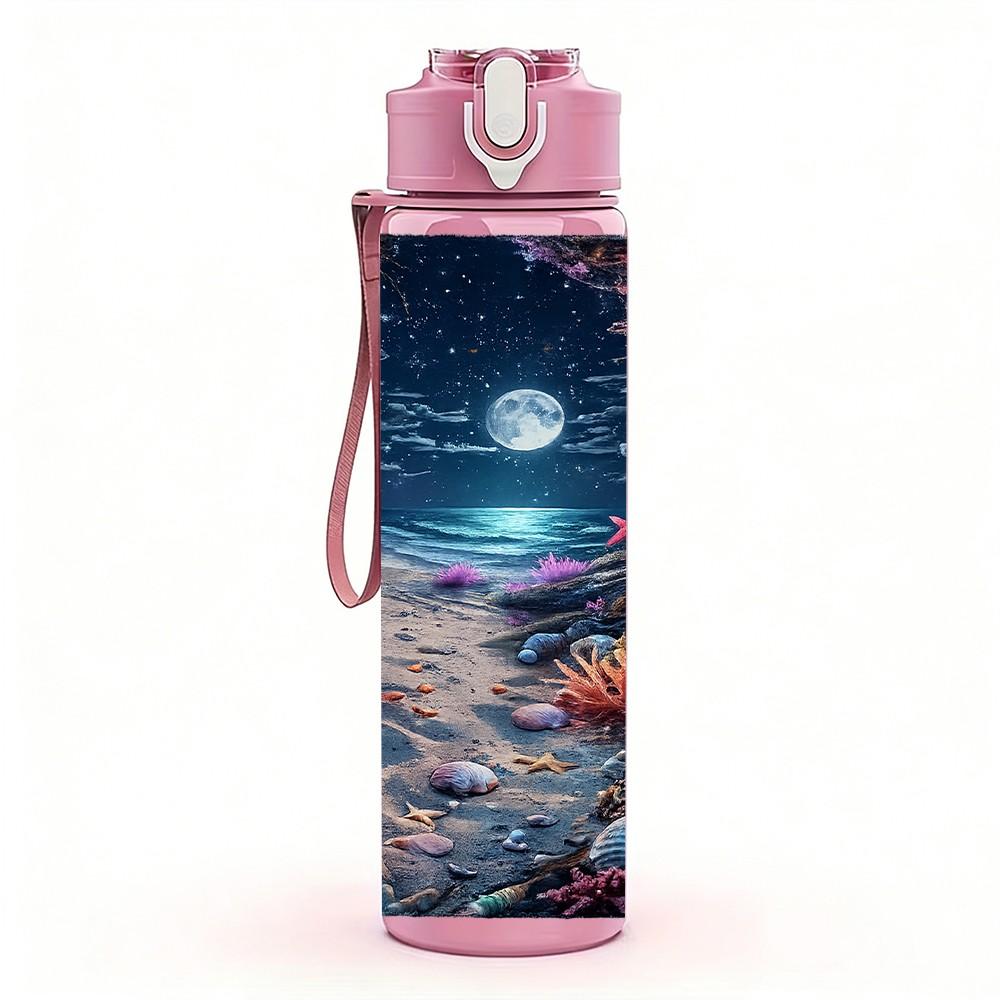 1PC Moonlit Ocean Deep Sea Scene Print 750ml Color Plastic Sports Water Bottle Leakproof Flip Straw Lid Suitable for Sports Office Home Use