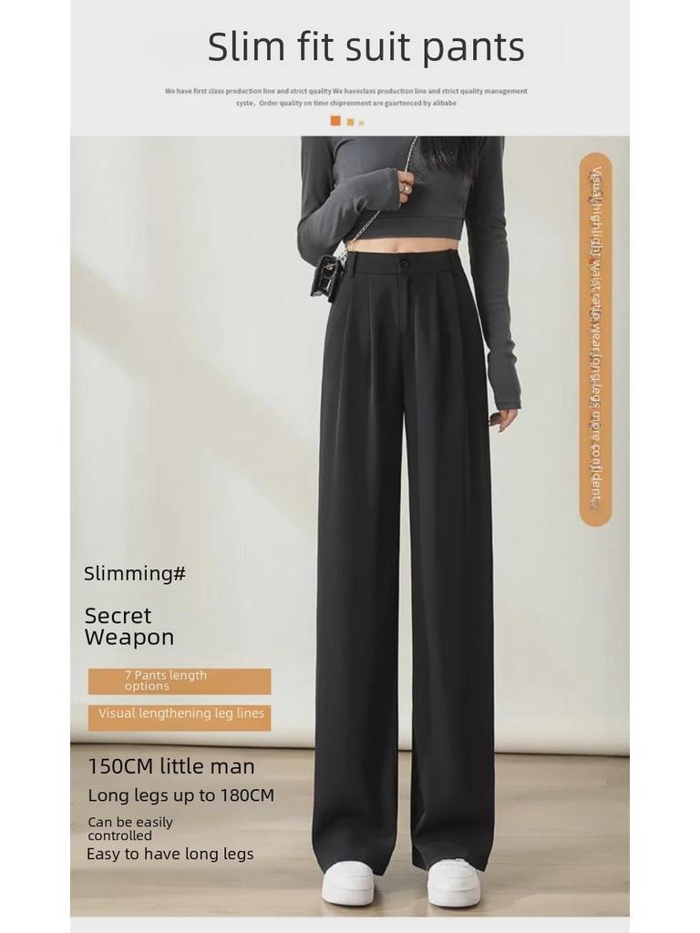 Pantalones rectos negros de cintura alta y pierna ancha, ajustados, de primavera 2024: nueva moda informal con corte drapeado.