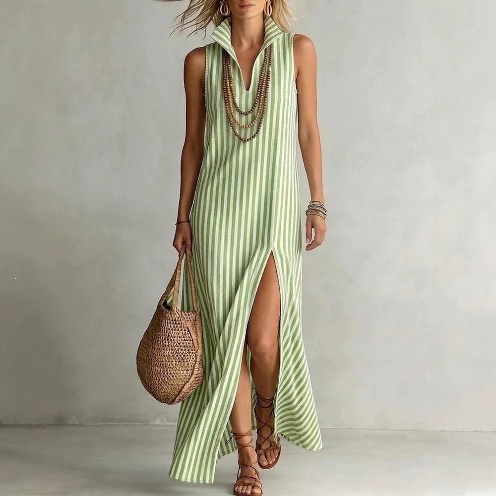 Women's Turn Down Collar Sleeveless Slim Fit Striped Maxi Dress Side Split Long Dress For Beach Casual Daily Wear