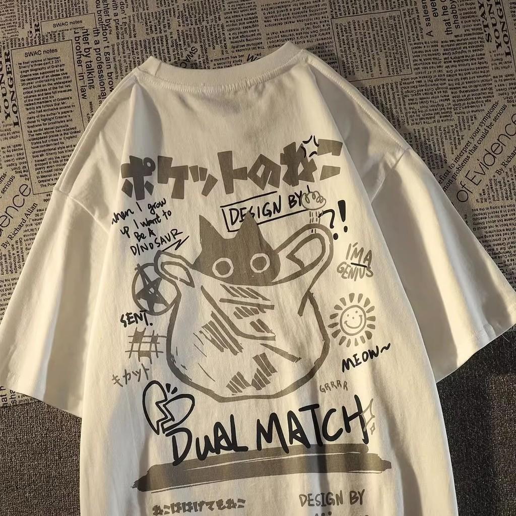 Summer Japanese Retro Pocket Cat Cartoon Printed Short Sleeve Tshirt Male Female Couples Unisex College Style Oversized Top