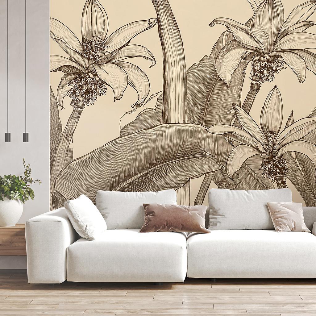 Wallpaper Flowers Leaves Beige