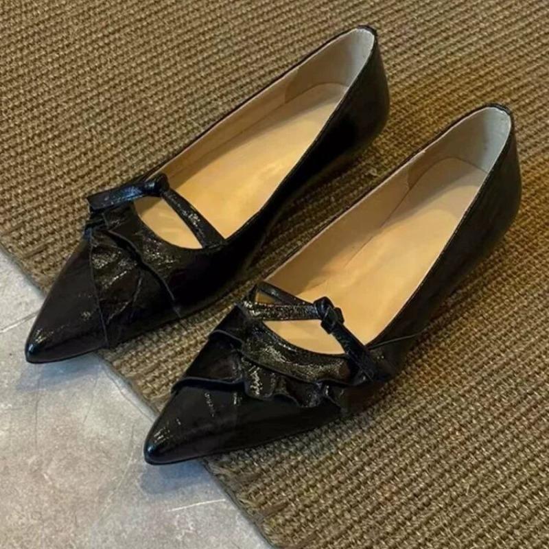 Fashion Women's Flat Single Shoes Fall New Pointed Toe Shallow Mouth Ruffle Bow Soft Sole Non-Slip Low Top Shoes