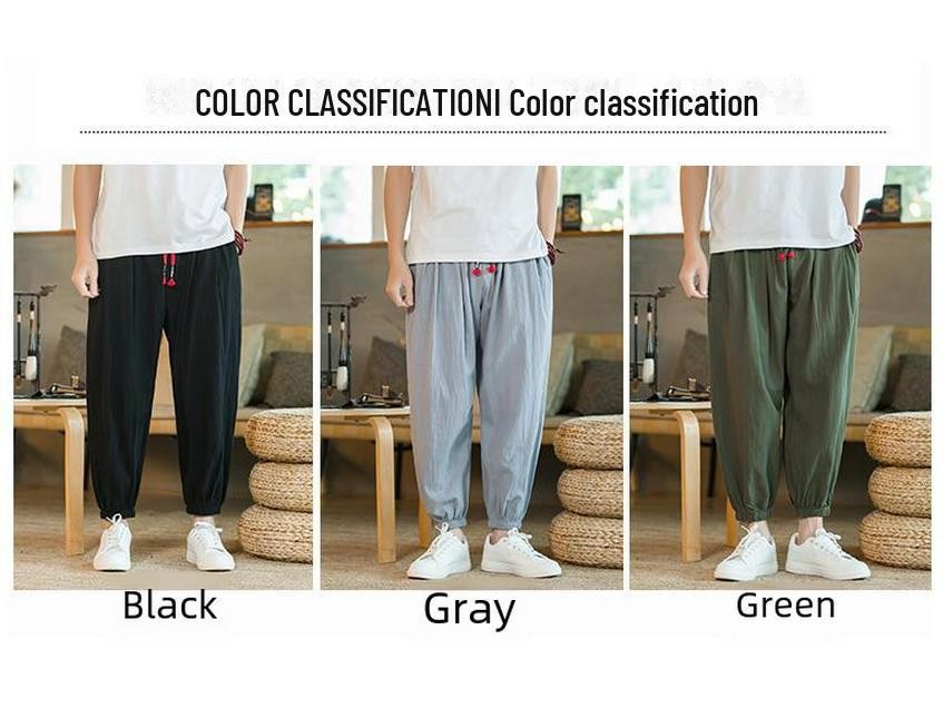 Men's 2024 Summer Cotton-Linen Chinese-Style Nine-Point Trousers - Loose Fit, Large, Slim Casual Pants