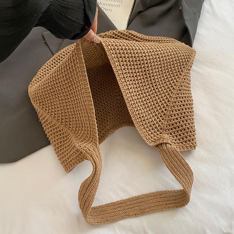 Simple Handmade Knit Shoulder Bag Bohemian Solid Color Crochet Tote Bag Large Capacity Hollow Out Woven Handbag Vacation
