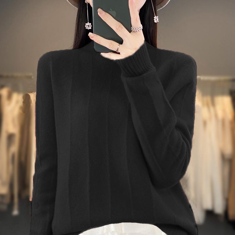 2023 Women's Pure Wool Round-Neck Sweater - Solid Color, Vertical Stripe, Commuter Style, Knitted for Warmth