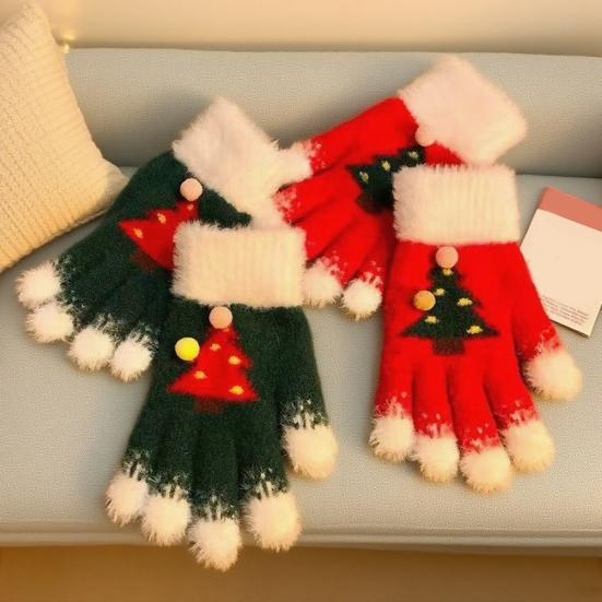 Knitted Christmas Gloves Unisex Christmas Tree Pattern Gloves Winter Touch Screen Fuzzy Gloves