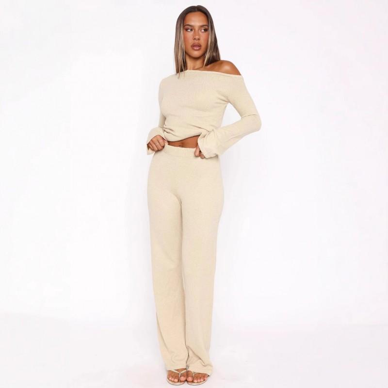 Womens 2025 Casual 2-Piece Set: Slim Fit Long Sleeve Top Elastic Waist Pants In Solid Colors