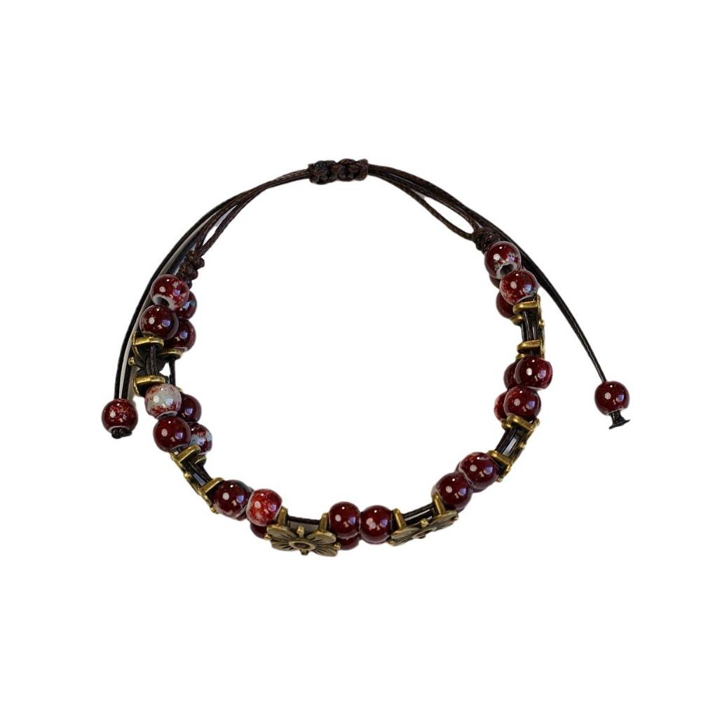 Cute Trendy Four-leaf Flower Double Layer Beaded Ceramic Bracelet for Women Charm  Adjustable Handmade Rope Weaving Jewelry Gift
