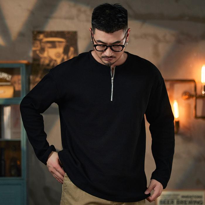 Waffle Half Zipper Long Sleeve Base Shirt T-shirt Men's Round Neck Loose Japanese Retro Casual