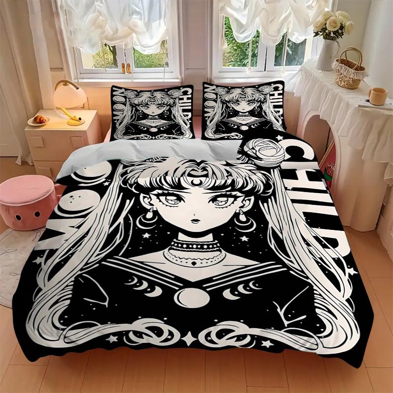 3pcs Sailor Moon's Printed Bedding Set, Soft and Comfortable Quilt Cover for Bedroom, Guest Room (1 Duvet Cover + 2 Pillowcases, Pillow Core