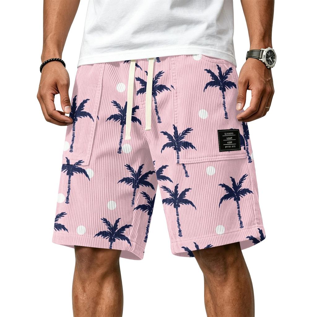 Men's Casual Corduroy Drawstring Shorts Tropical Leaf Print Lightweight Summer Beachwear Relaxed Fit Mid-Length Bottoms