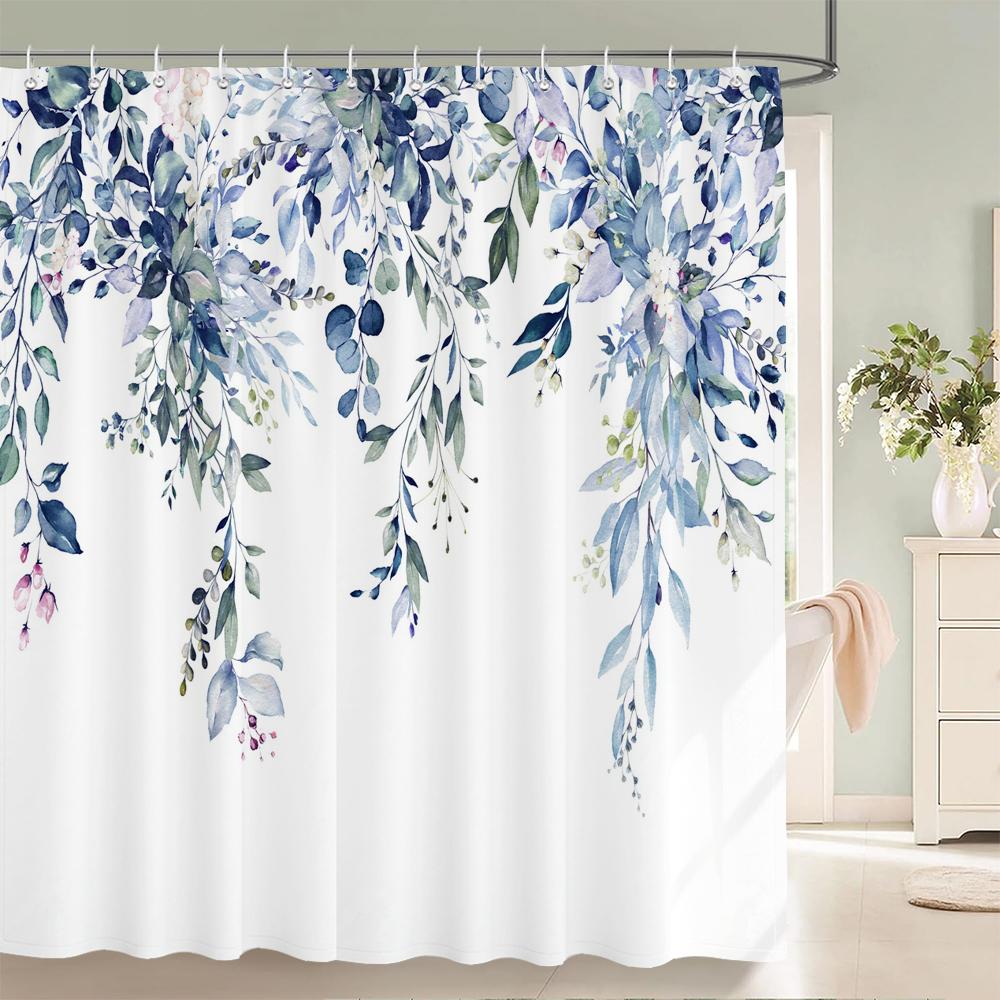 Green Eucalyptus Shower Curtain Waterproof Polyester Leaves Plant Floral Printed Bathroom Partition Decorative Curtain With Hook