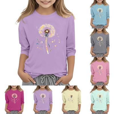 Children's 3/4 Sleeve Round Neck Flowers Print Casual Top