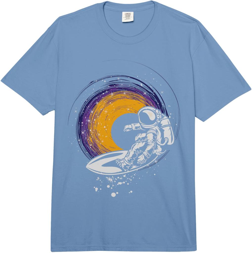 Astronaut Surfing Galaxy Space Graphic Tee Casual Short Sleeve Cotton TShirt for Men