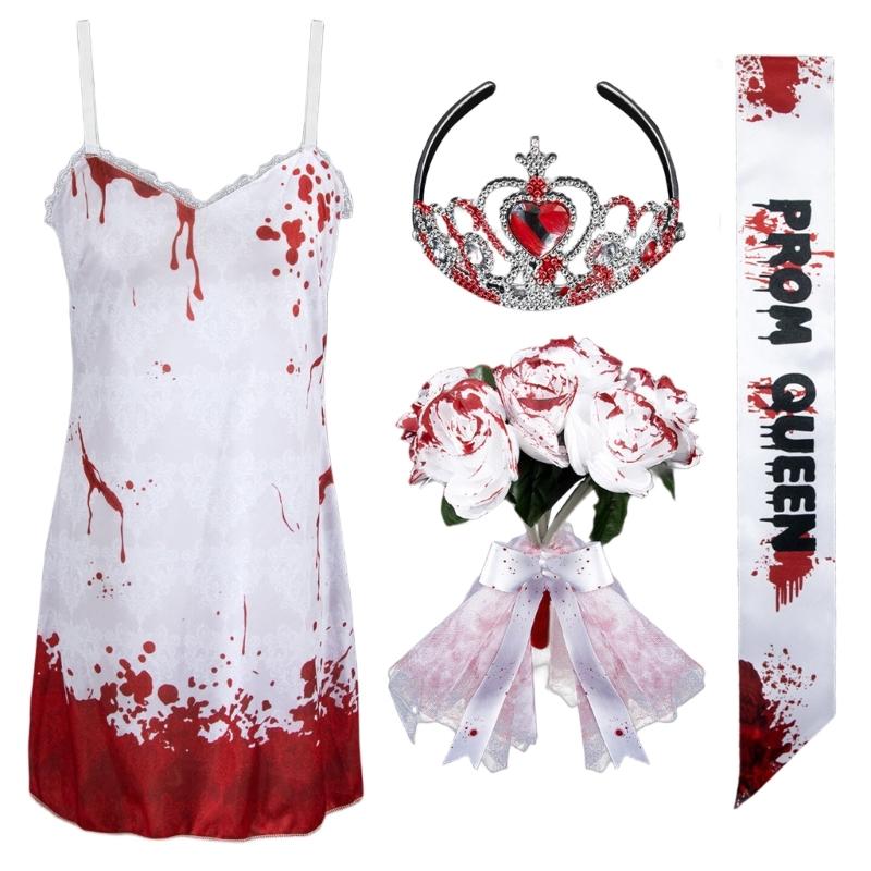 Halloween Abschlussballkönigin Kostüm Blutiges Nachthemd Kleid Abschlussballkönigin Schärpe Kronen Stirnband Cosplay Verkleidungsparty Zubehör
