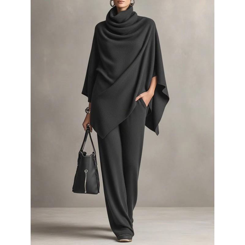 Modisches Damen-Anzug-Set mit hochgeschlossenem Umhang-Oberteil und Hosen mit weitem Bein