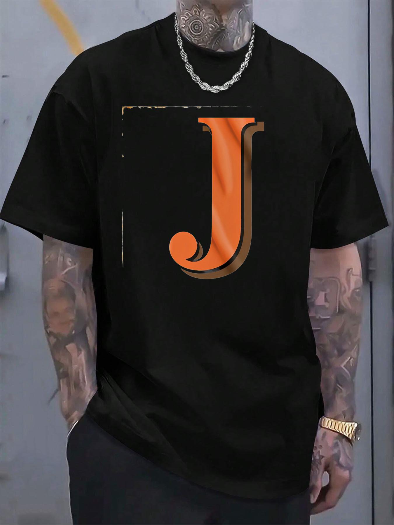 Durable Cotton Graphic T-shirt - Black with Bold Orange Letter J Design XXXXL