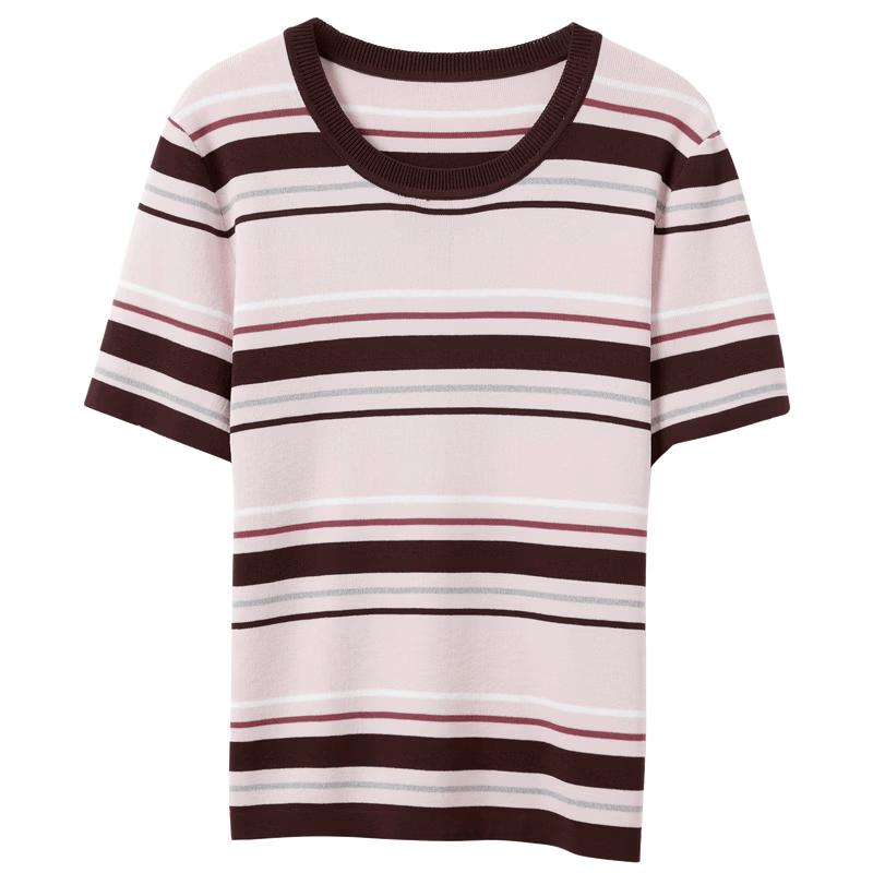 Sancai Women s Contrast Striped Short Sleeve Knit Top L