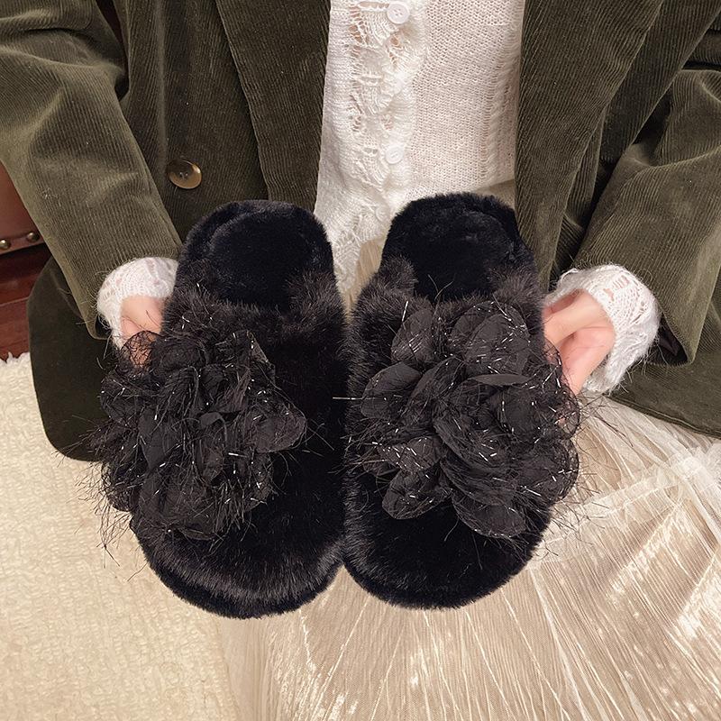 Korean sweet mesh flower flat heel slippers women's autumn wear Internet celebrity one-character soft bottom non-slip cotton slippers women