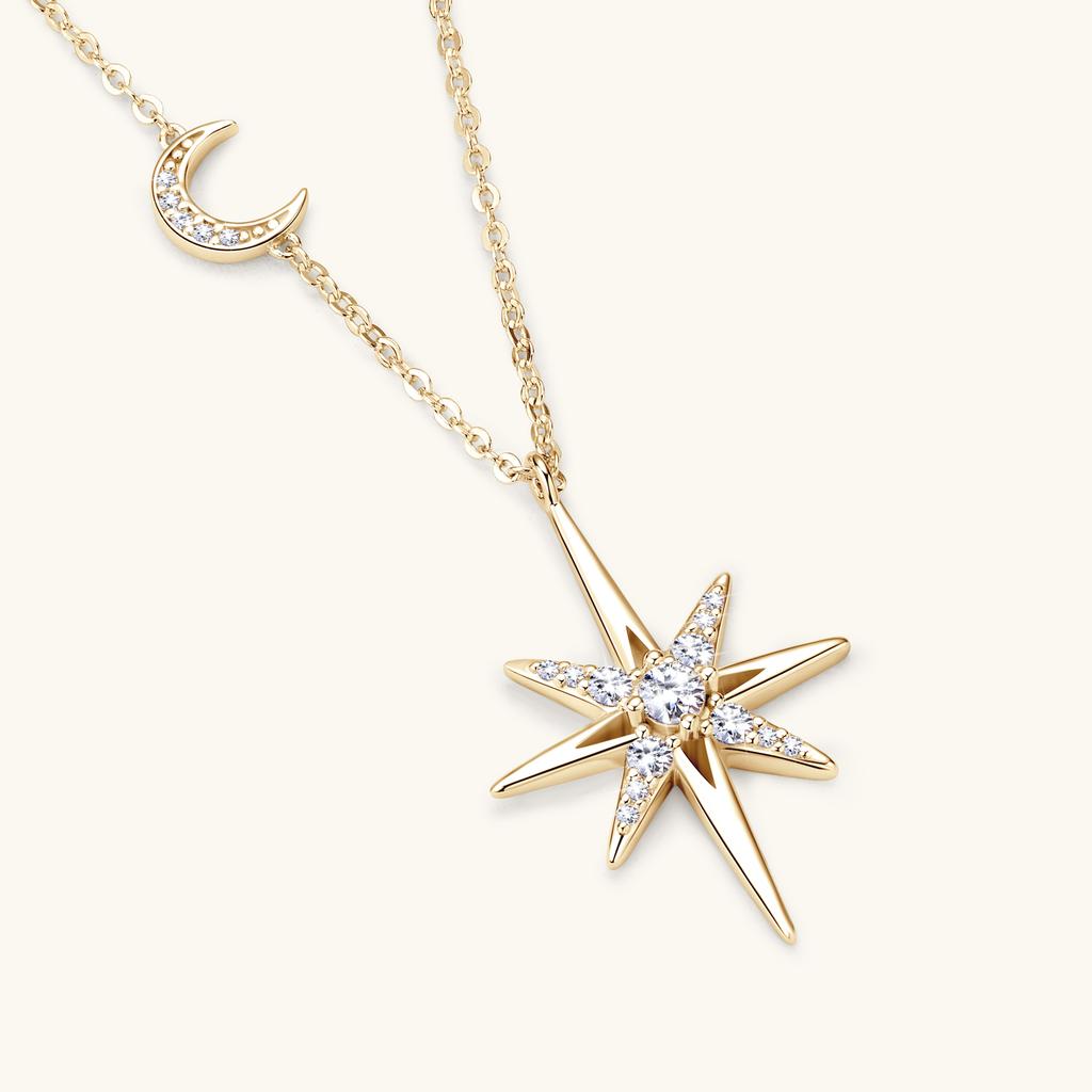 Silver Full Moissanite Necklace for Women 18K Gold Plated Star&Moon Pendant Necklace Choker Chain Fine Jewelry Gifts