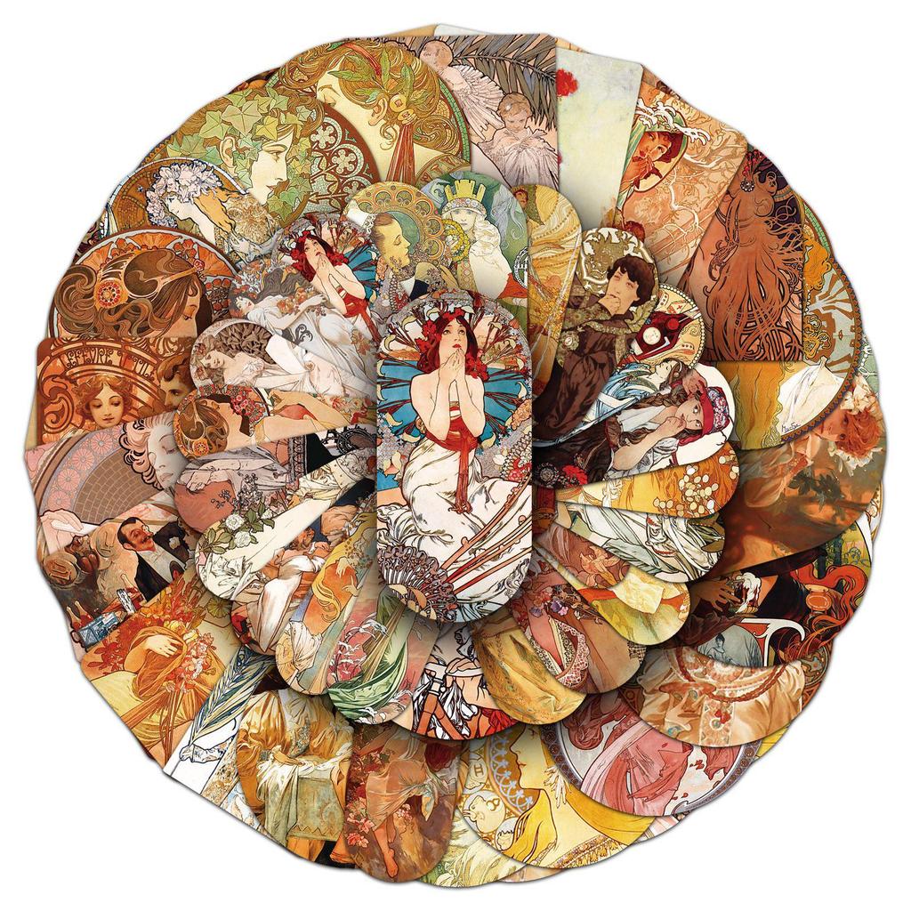 50 Autocolante Decorative Impermeabile: Arta lui Mucha pentru căni termoizolante și huse de telefon