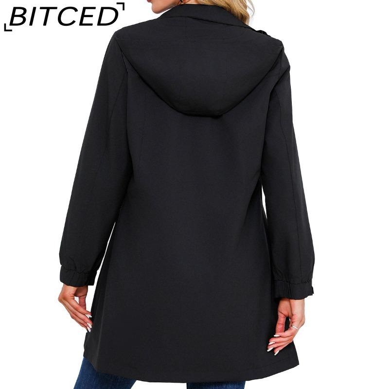 BITCED Spring/Fall Detachable-Cap Water-Resistant Trench Coat for Women Solid Color Long-Sleeve Lightweight Jacket Casual Women's Wear