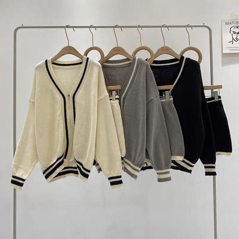 Cárdigan de Punto Holgado de Moda con Cuello en V y Cremallera, Suéter, Shorts Casuales de Cintura Alta, Conjunto de Dos Piezas, Ropa Elegante y Sencilla para Otoño Invierno