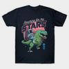 Camiseta Preta Estampada Masculina Alcançando as Estrelas - Fofo T-Rex Astronauta Presente Estampa em Papel de Transferência Sem Corte Camiseta de Algodão