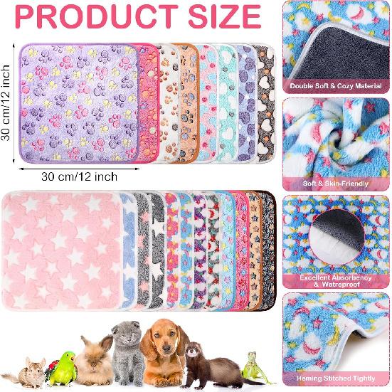Newwiee 20 Pcs Small PET Fleece Blanket Washable Waterproof Small Animal Cage Bedding Guinea Pig Puppy Dog Cat Pee Pad Liner Accessories(12 x 12