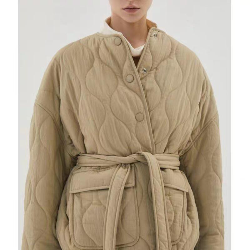 Button Down Parkas for Women Fall Winter  New Fashion Long Sleeve Lace Up Jacket Casual Pockets O Neck Chic Coats