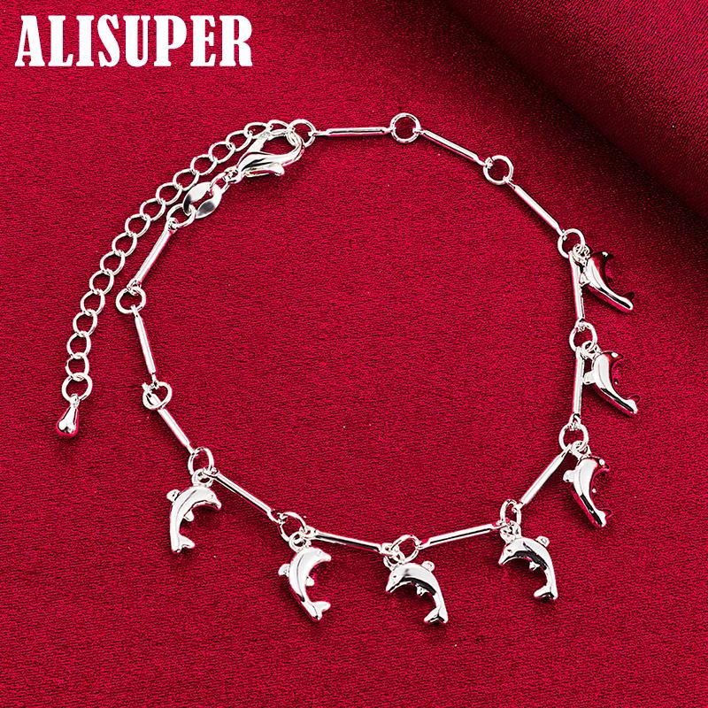 Bracelet pendentif 7 dauphins en argent sterling 925, bijoux