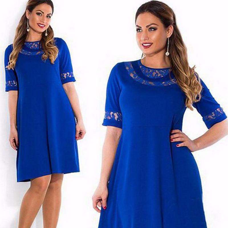 Women Round Collar Plus Size Pure Color Dress With Comfortable Cotton Blend Fabric