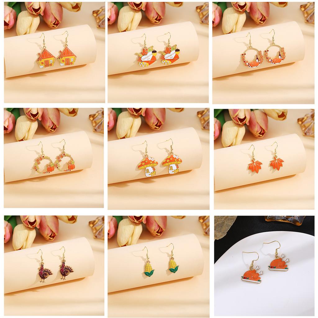 Thanksgiving Fun Cartoon Mushroom House Wreath Turkey Earrings, Personalized Creative Design Sense Colorful Drip Earrings