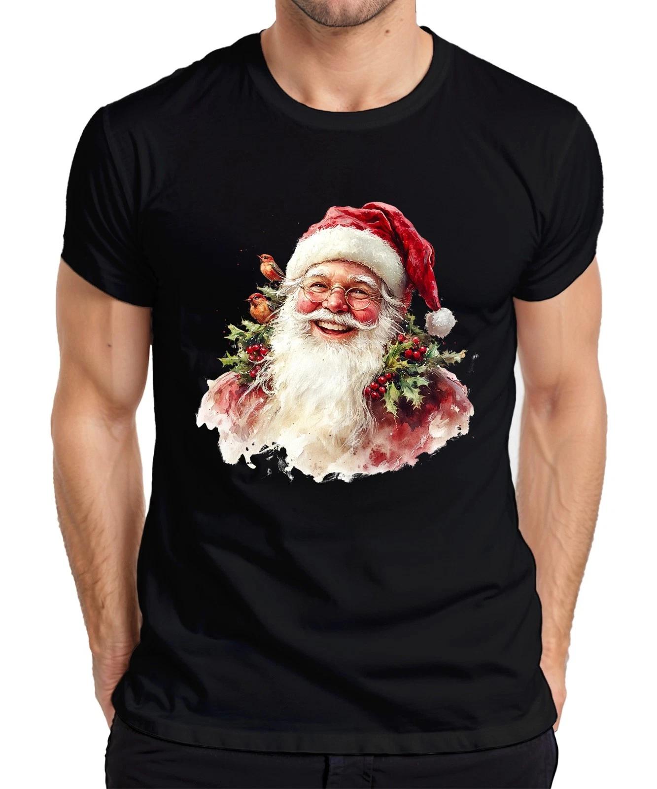 Weihnachtsmann Aquarell Vintage Stechpalme Rotkehlchen Geschenk Herren T-Shirt XXXL