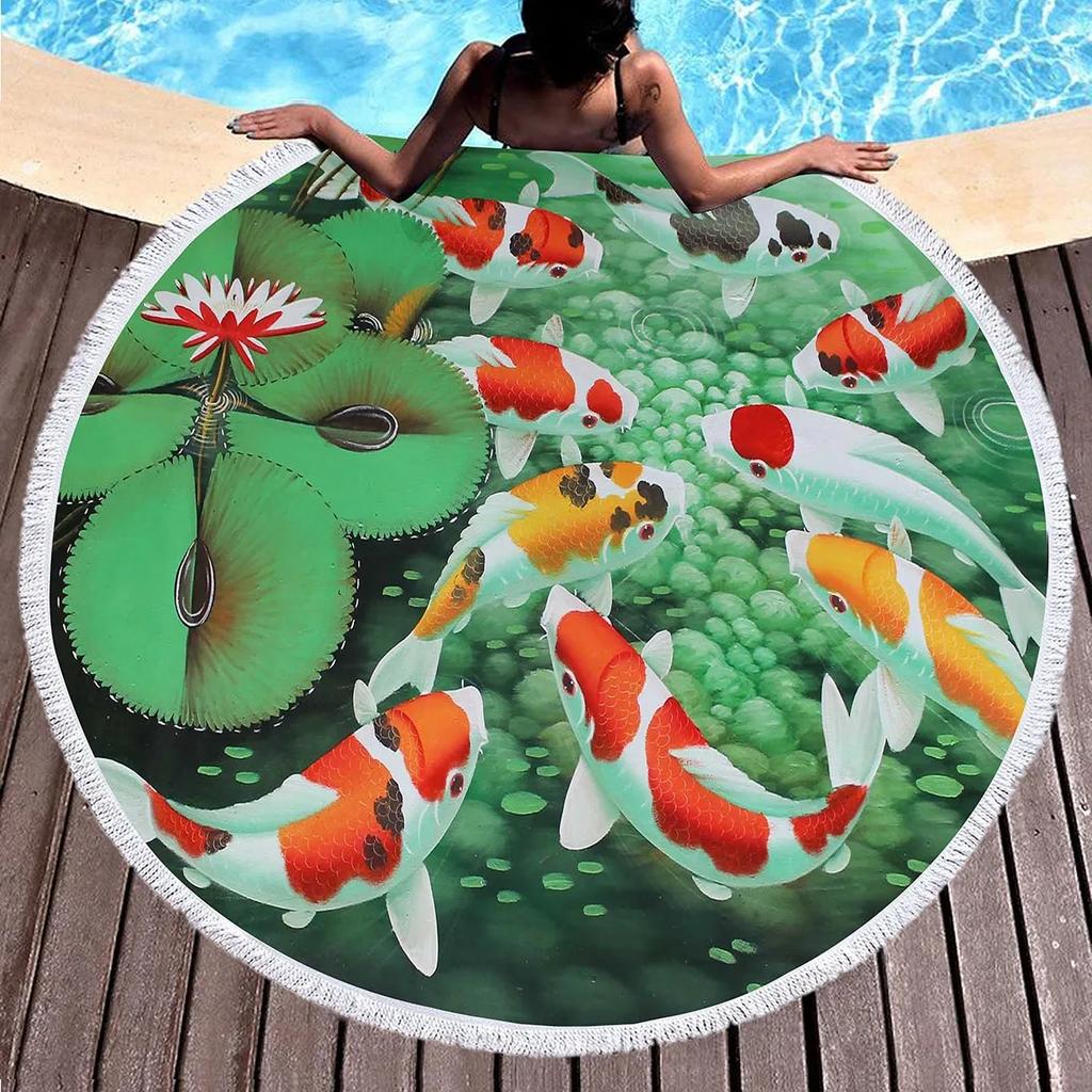 Fish Print Round Beach Towels Soft Microfiber Ocean Animal Print Beach Blanket Quick Dry Pool Towel Picnic Mat For Teens Adults