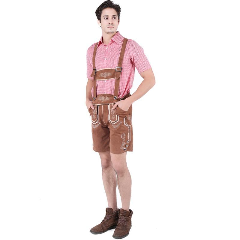 Adult Men's Beer Festival Costume Pink Checked Shirt Suspender Suit Stage Performance Costume