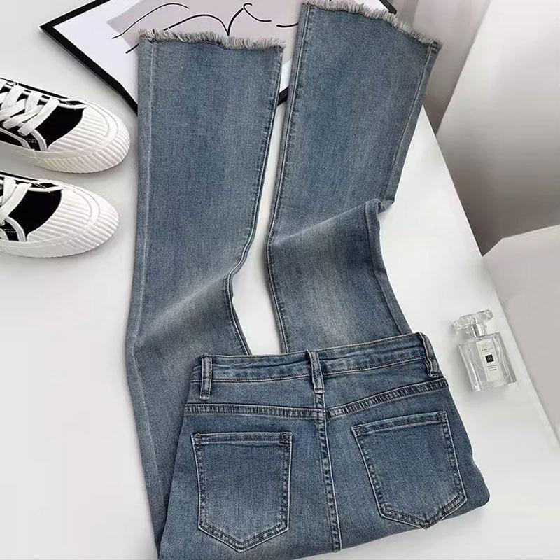 Women's High Waist American-Style Retro Flared Jeans - Elastic Slim Straight Horseshoe Trousers with Raw Edge Finish