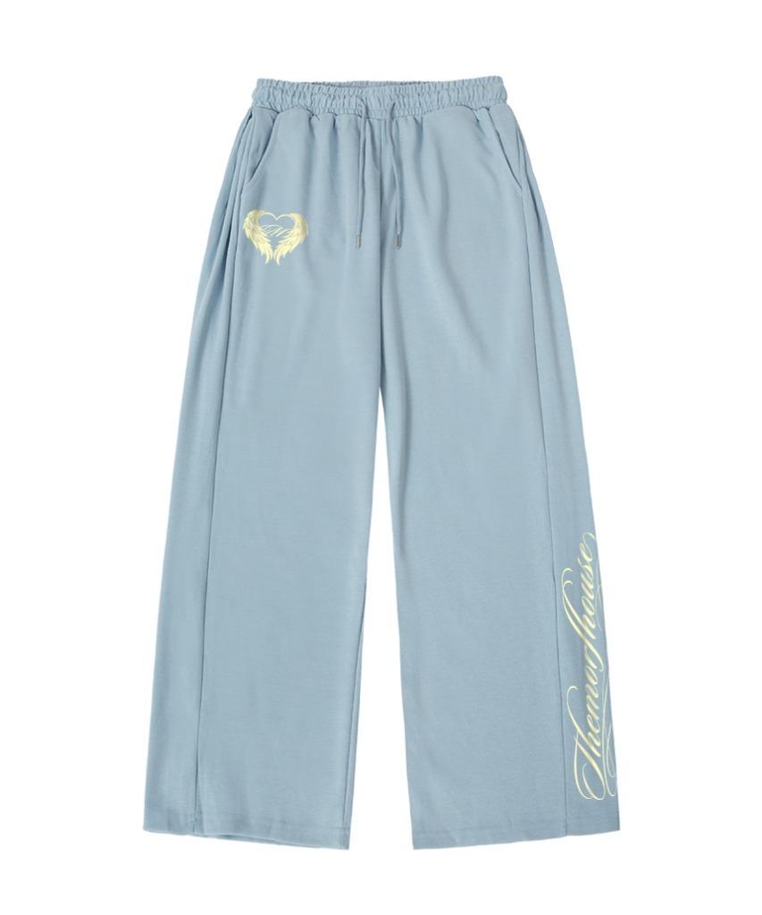 Deomopeuhauseu Wing Morf Lettering Side Pleat Wide Sweatpants Light Blue