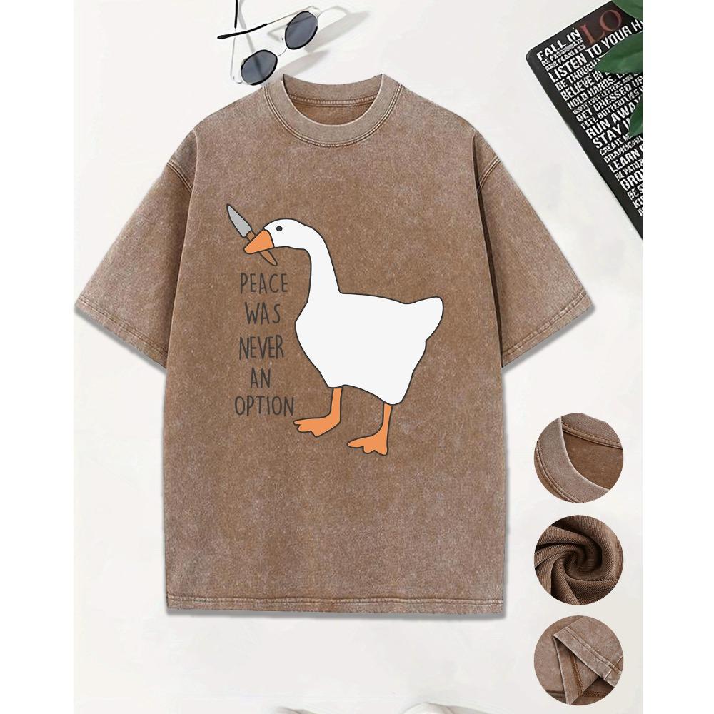 Peace Was Never An Opiton Cartoon Duck With Knife Washed Tee Shirts Men Summer Cotton T Shirt Short Sleeve