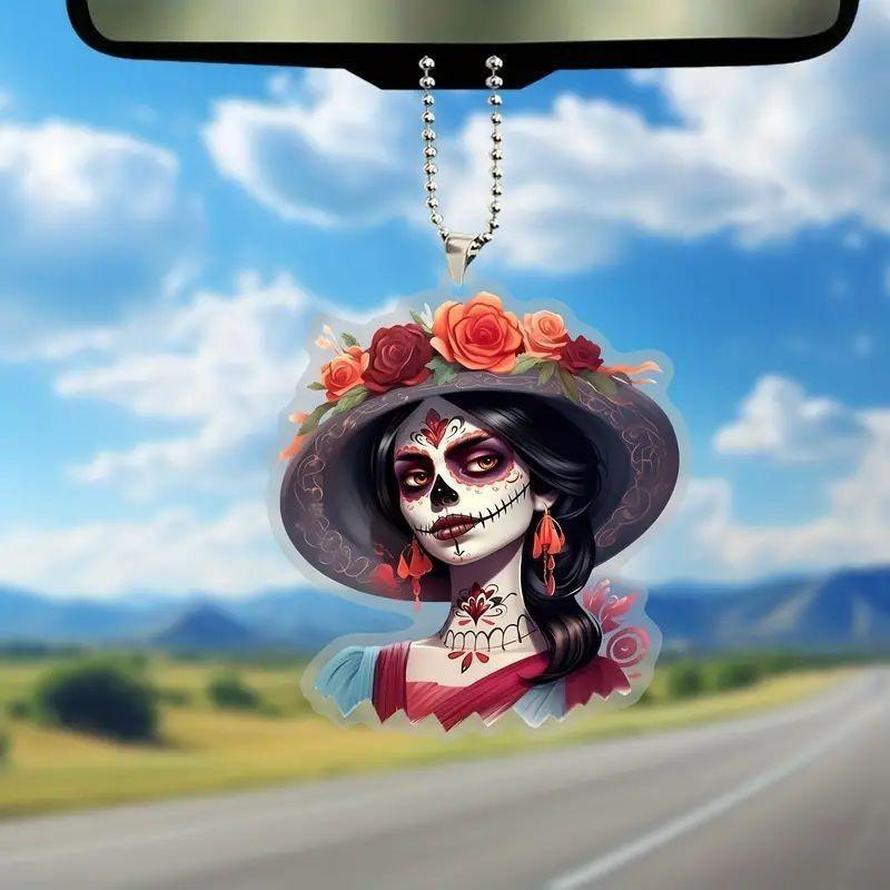 Decor Car Acrylic Halloween Skull Flower Hat Design Pendant For Interior Auto
