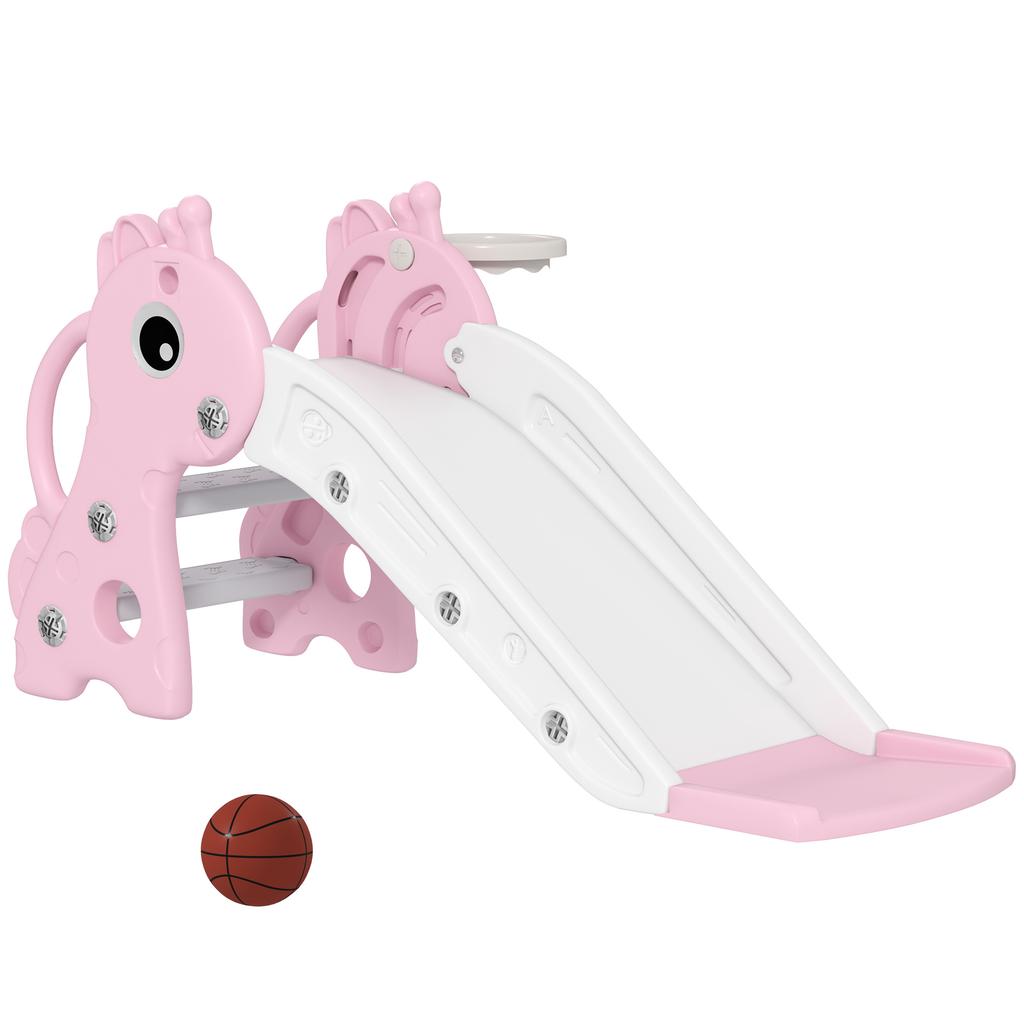 3 In 1 Kids Slide With Climber Basketball Hoop And Ball Giraffe Shape Climber Slide For Indoor Kids Age 1 3 Pink
