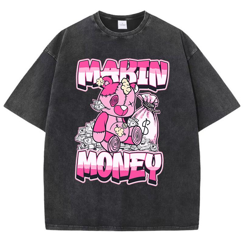 Street Women Washed T-Shirts Making Money Bear Printing Tops Comfortable Crewneck Cotton Oversize Tees Summer Clothes