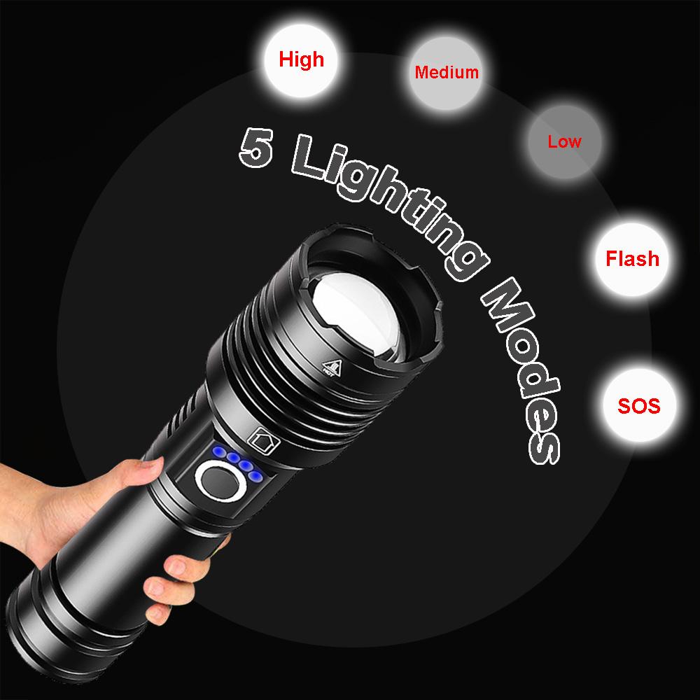 Ultra Bright 100000 Lumens LED Flashlight Rechargeable Handheld Torch High Power LED Flash Light Zoom Portable Lantern 26650